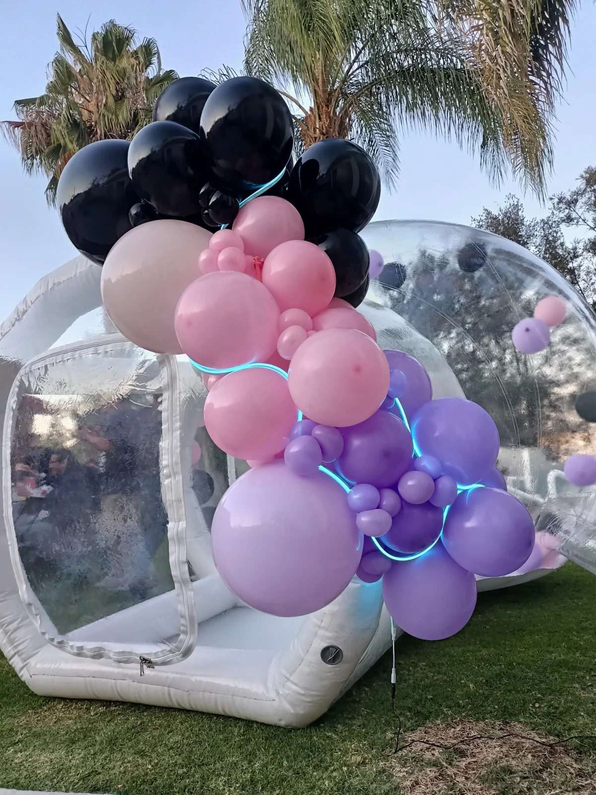 Bubble House transparente con globos rosas y lilas
